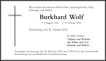 Traueranzeige von Burkhard Wolf von Der Westallgäuer