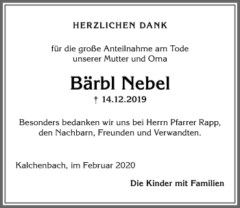 Traueranzeige von Bärbl Nebel von Allgäuer Anzeigeblatt