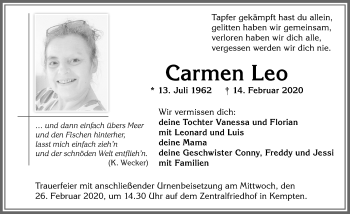 Traueranzeige von Carmen Leo von Allgäuer Zeitung,Kempten