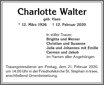 Traueranzeige von Charlotte Walter von Allgäuer Zeitung, Kaufbeuren/Buchloe