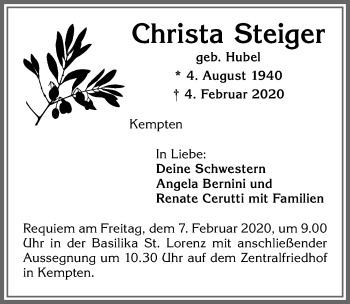 Traueranzeige von Christa Steiger von Allgäuer Zeitung,Kempten