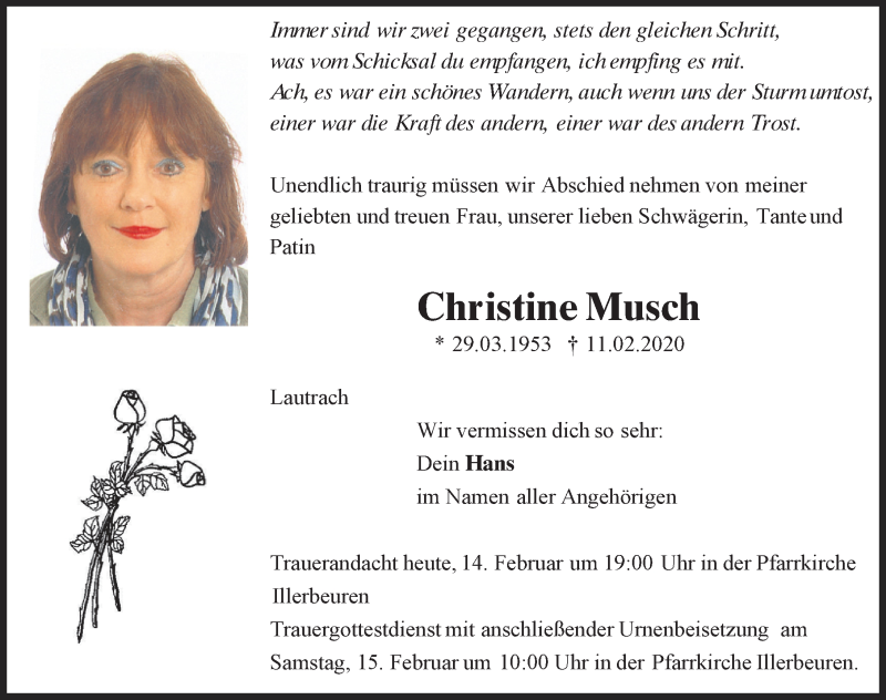  Traueranzeige für Christine Musch vom 14.02.2020 aus Memminger Zeitung