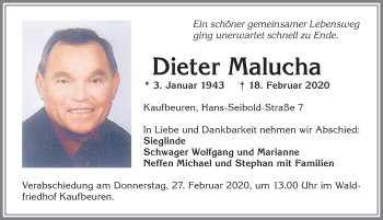 Traueranzeige von Dieter Malucha von Allgäuer Zeitung, Kaufbeuren/Buchloe