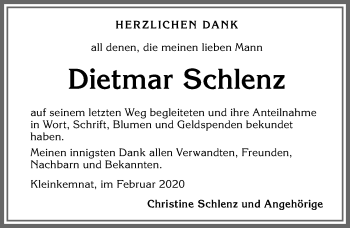 Traueranzeige von Dietmar Schlenz von Allgäuer Zeitung, Kaufbeuren/Buchloe