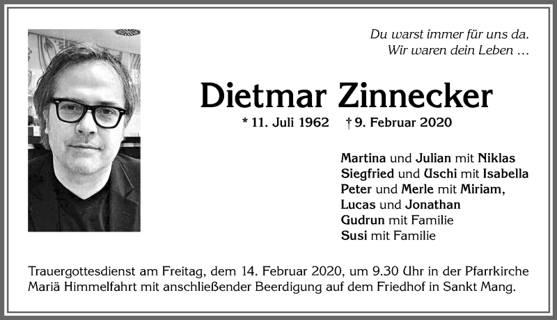  Traueranzeige für Dietmar Zinnecker vom 13.02.2020 aus Allgäuer Zeitung,Kempten