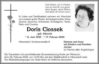 Traueranzeige von Doris Ciossek von Allgäuer Anzeigeblatt