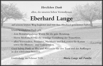 Traueranzeige von Eberhard Lange von Der Westallgäuer