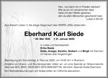 Traueranzeige von Eberhard Karl Siede von Memminger Zeitung