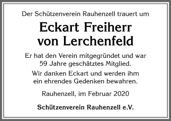 Traueranzeige von Eckart Freiherr von Lerchenfeld von Allgäuer Anzeigeblatt