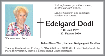Traueranzeige von Edelgard Dodl von Allgäuer Zeitung, Kaufbeuren/Buchloe