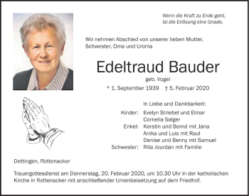 Traueranzeige von Edeltraud Bauder von Memminger Zeitung