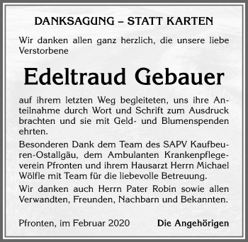 Traueranzeige von Edeltraud Gebauer von Allgäuer Zeitung, Füssen
