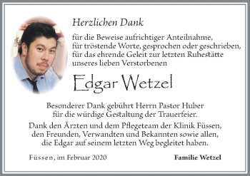 Traueranzeige von Edgar Wetzel von Allgäuer Zeitung, Füssen