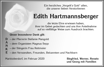 Traueranzeige von Edith Hartmannsberger von Allgäuer Zeitung, Marktoberdorf