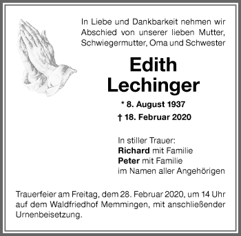 Traueranzeige von Edith Lechinger von Memminger Zeitung