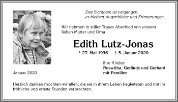 Traueranzeige von Edith Lutz-Jonas von Allgäuer Zeitung, Kaufbeuren/Buchloe