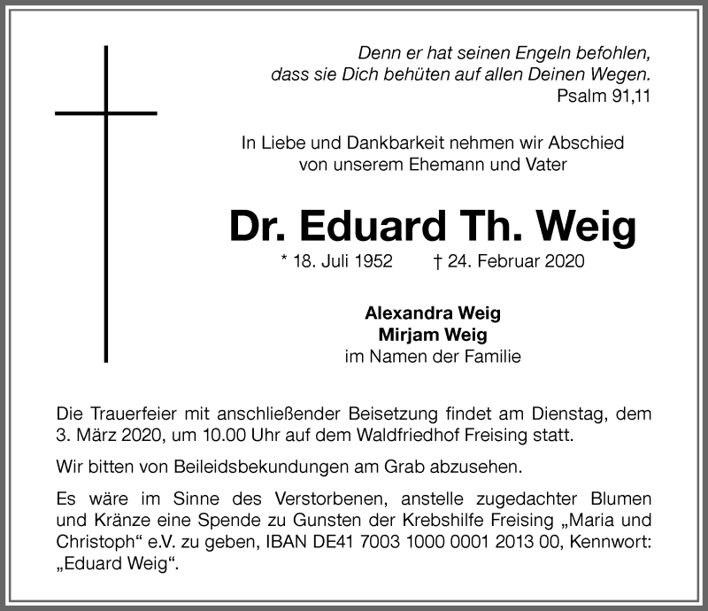  Traueranzeige für Eduard Weig vom 29.02.2020 aus Memminger Zeitung