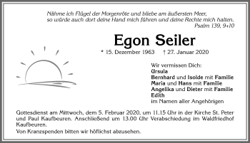 Traueranzeige von Egon Seiler von Allgäuer Zeitung, Kaufbeuren/Buchloe