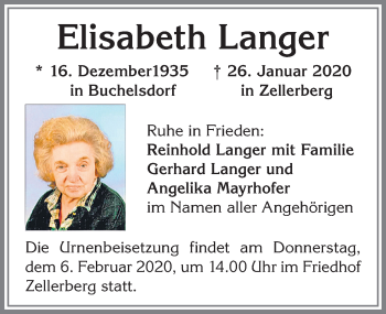 Traueranzeige von Elisabeth Langer von Allgäuer Zeitung, Kaufbeuren/Buchloe