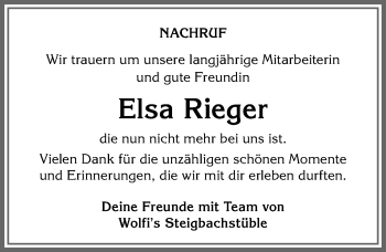 Traueranzeige von Elsa Rieger von Allgäuer Anzeigeblatt