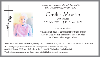 Traueranzeige von Emilie Maklin von Allgäuer Zeitung, Marktoberdorf