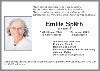 Traueranzeige von Emilie Späth von Allgäuer Zeitung, Kaufbeuren/Buchloe