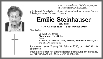 Traueranzeige von Emilie Steinhauser von Allgäuer Zeitung, Marktoberdorf