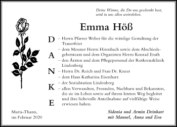 Traueranzeige von Emma Höß von Der Westallgäuer