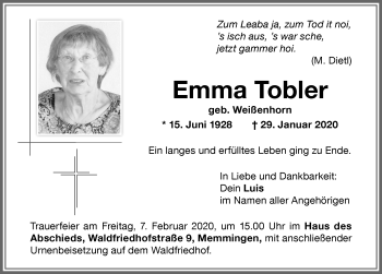 Traueranzeige von Emma Tobler von Memminger Zeitung