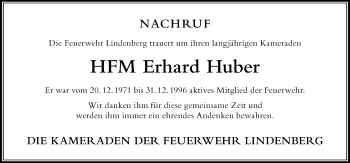 Traueranzeige von Erhard Huber von Der Westallgäuer