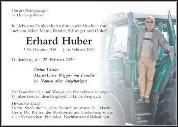 Traueranzeige von Erhard Huber von Der Westallgäuer