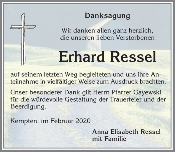 Traueranzeige von Erhard Ressel von Allgäuer Zeitung,Kempten