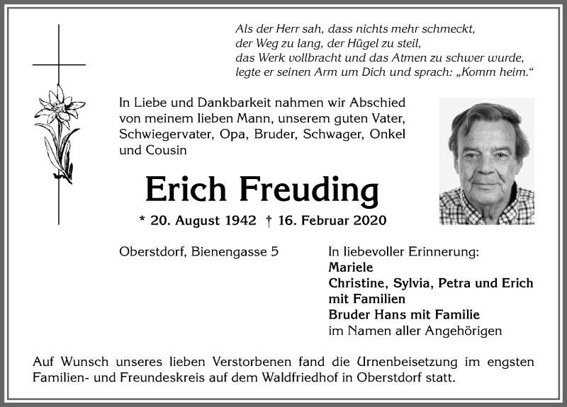  Traueranzeige für Erich Freuding vom 29.02.2020 aus Allgäuer Anzeigeblatt