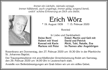 Traueranzeige von Erich Wörz von Allgäuer Zeitung, Marktoberdorf