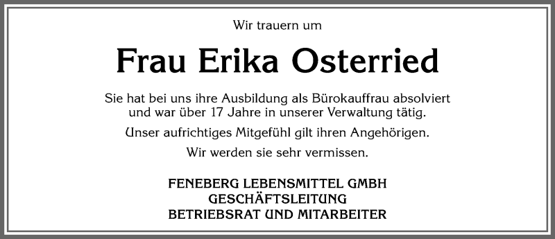  Traueranzeige für Erika Osterried vom 08.02.2020 aus Allgäuer Zeitung,Kempten
