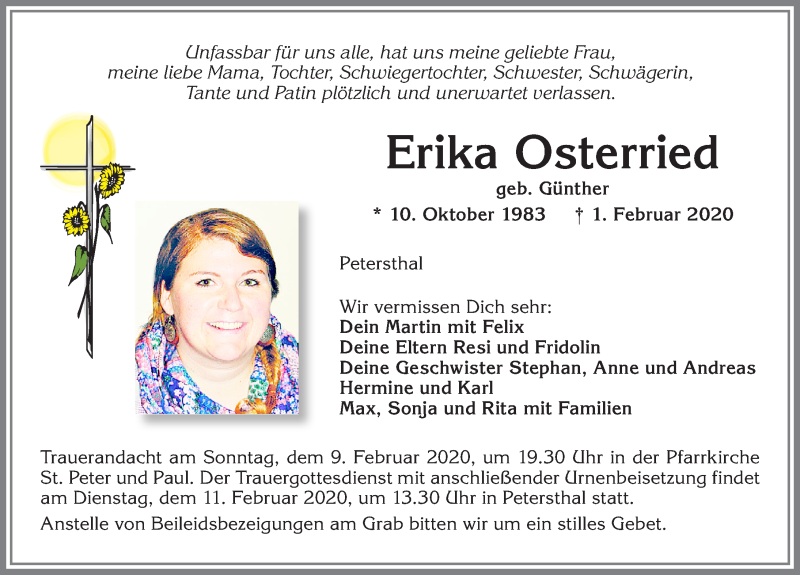  Traueranzeige für Erika Osterried vom 08.02.2020 aus Allgäuer Zeitung,Kempten