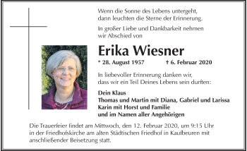 Traueranzeige von Erika Wiesner von Allgäuer Zeitung, Kaufbeuren/Buchloe