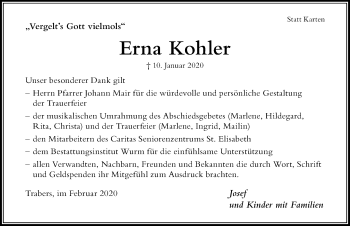 Traueranzeige von Erna Kohler von Der Westallgäuer