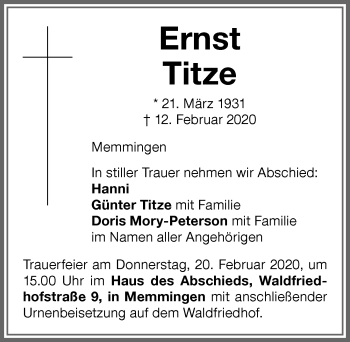 Traueranzeige von Ernst Titze von Memminger Zeitung