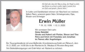 Traueranzeige von Erwin Müller von Allgäuer Zeitung, Füssen