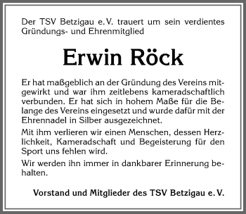 Traueranzeige von Erwin Röck von Allgäuer Zeitung,Kempten