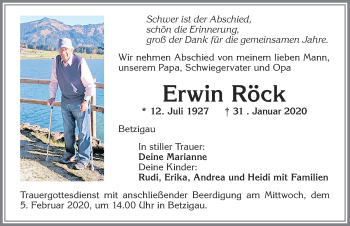 Traueranzeige von Erwin Röck von Allgäuer Zeitung,Kempten