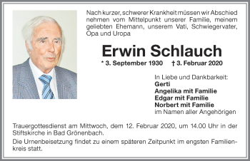 Traueranzeige von Erwin Schlauch von Memminger Zeitung