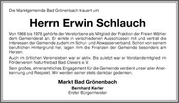 Traueranzeige von Erwin Schlauch von Memminger Zeitung