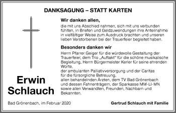 Traueranzeige von Erwin Schlauch von Memminger Zeitung