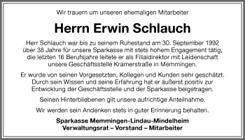 Traueranzeige von Erwin Schlauch von Memminger Zeitung