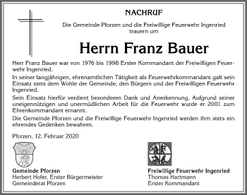 Traueranzeige von Franz Bauer von Allgäuer Zeitung, Kaufbeuren/Buchloe