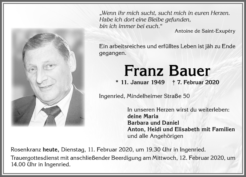  Traueranzeige für Franz Bauer vom 11.02.2020 aus Allgäuer Zeitung