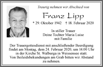 Traueranzeige von Franz Lipp von Allgäuer Zeitung, Füssen