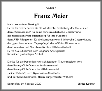 Traueranzeige von Franz Meier von Allgäuer Anzeigeblatt